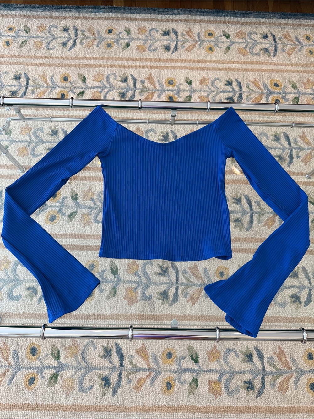 Bershka Royal Blue Ribbed Off-Shoulder Crop Top
